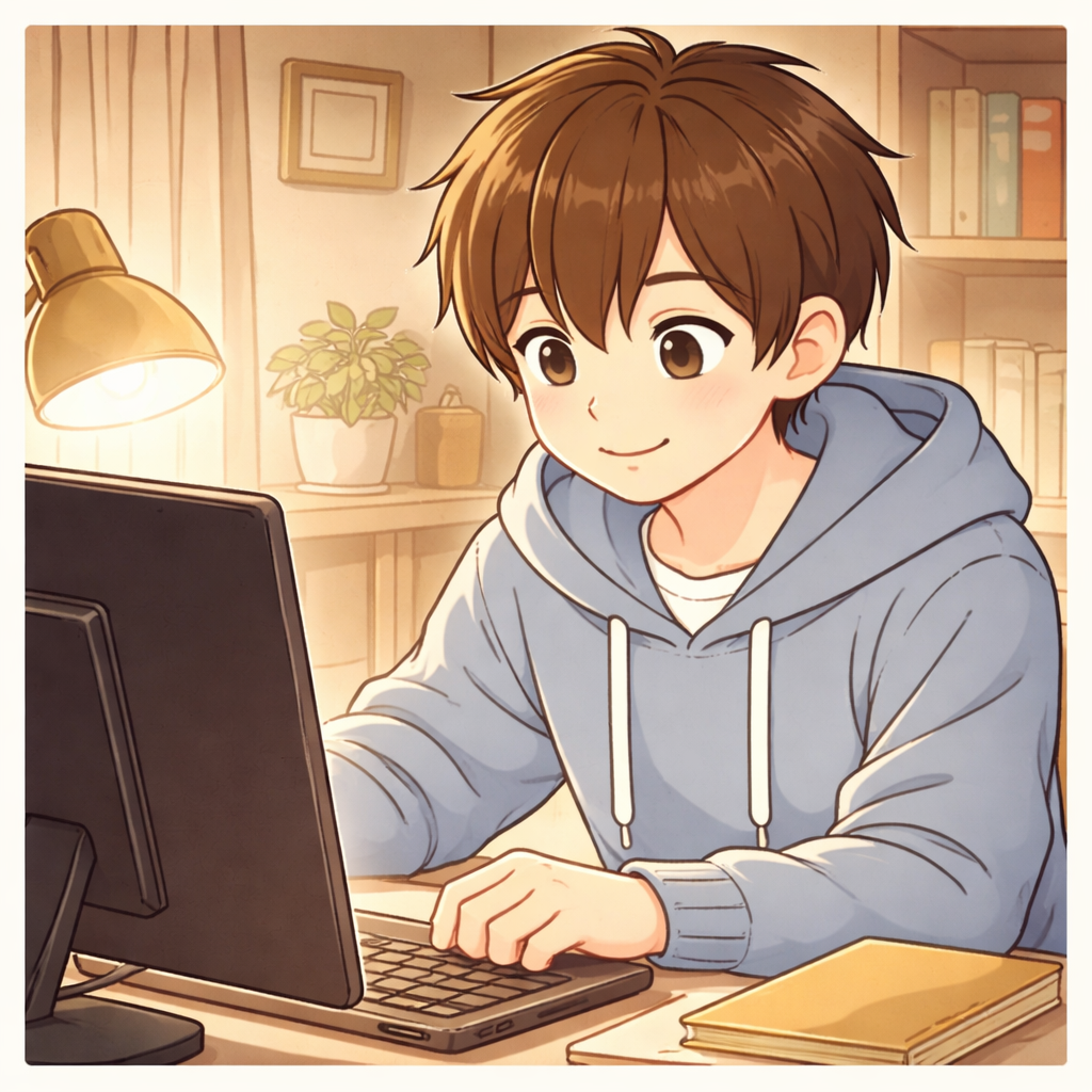 次男がパソコンに集中するシーン