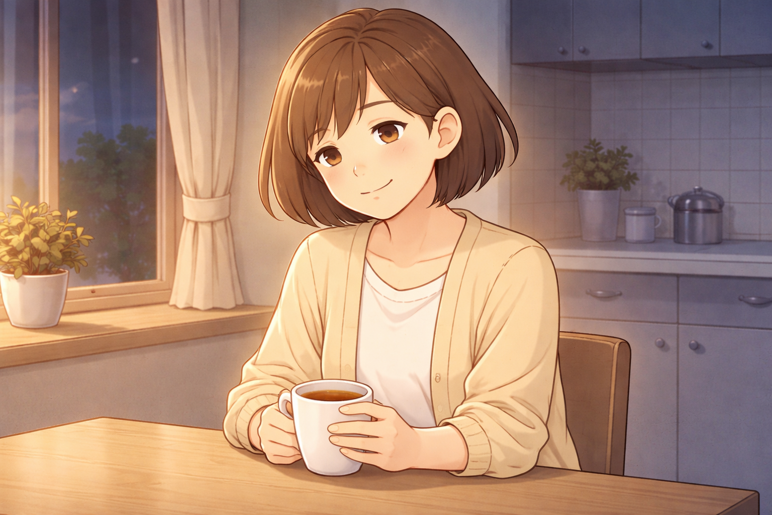 窓辺でほっとした表情の母