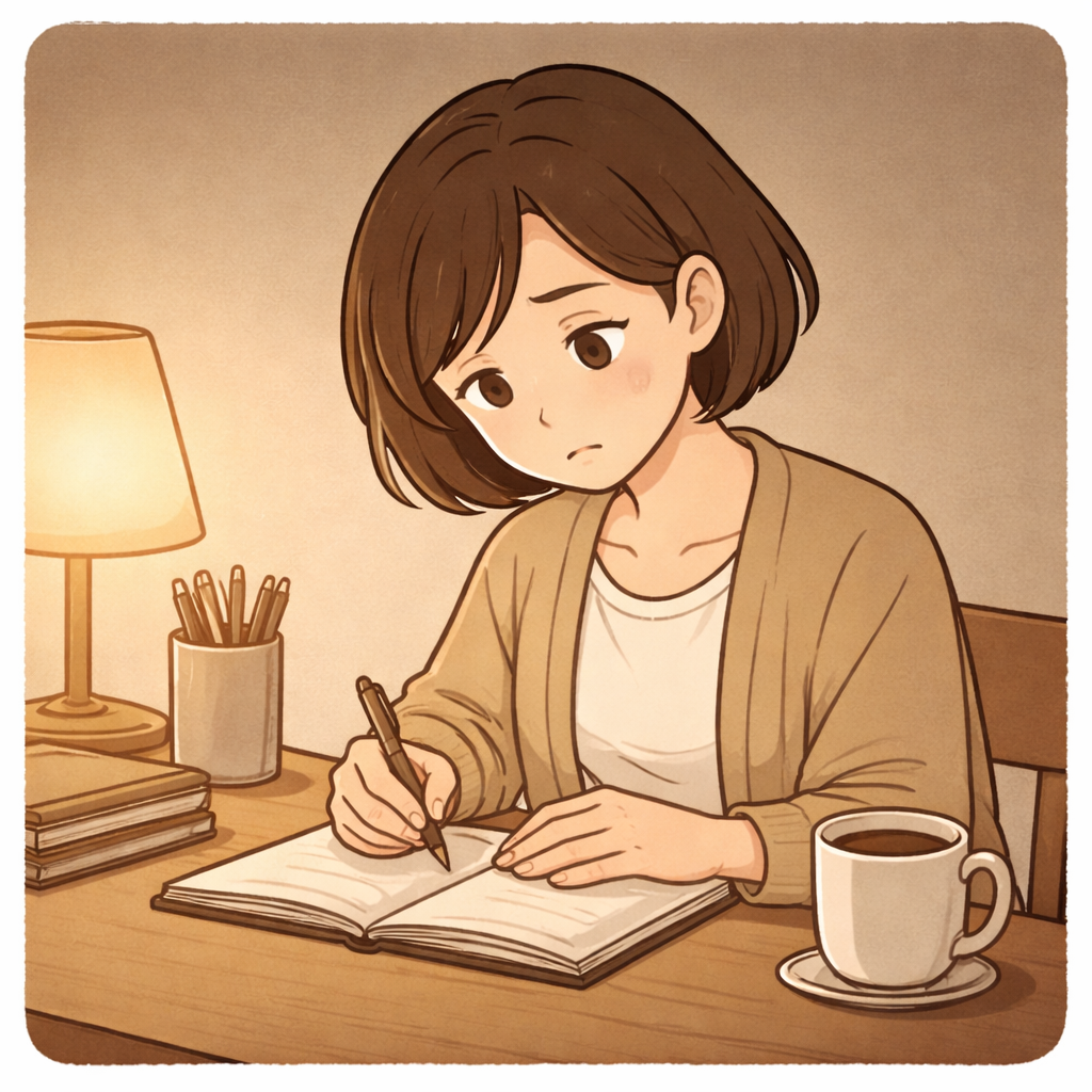 ノートに情報を整理する母