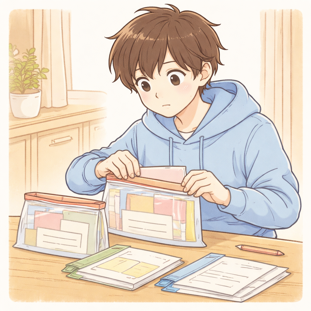 チャック袋で教科ごとに整理する次男