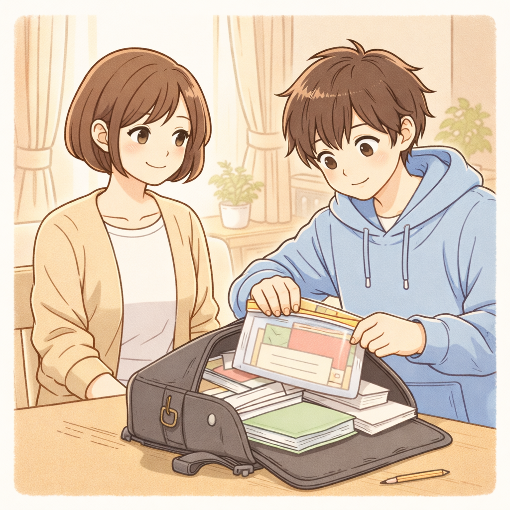 息子が自分でカバンを準備するのを見守る母