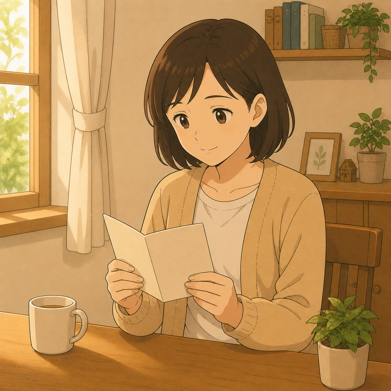 手帳を手にして安堵する母のイラスト