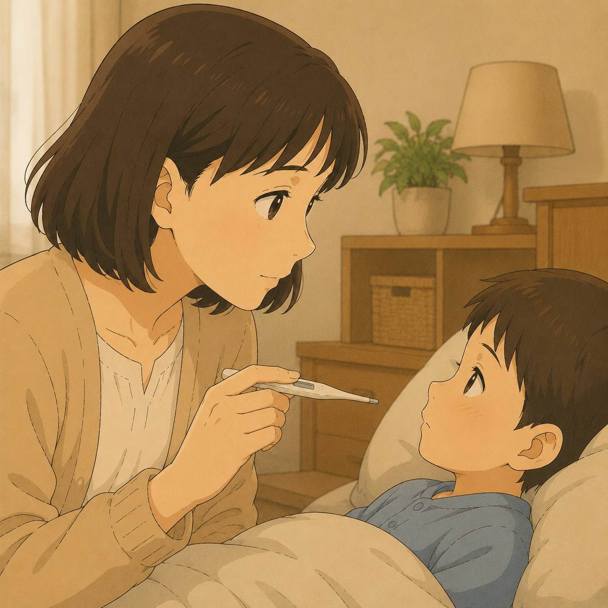 母・体温計を手に