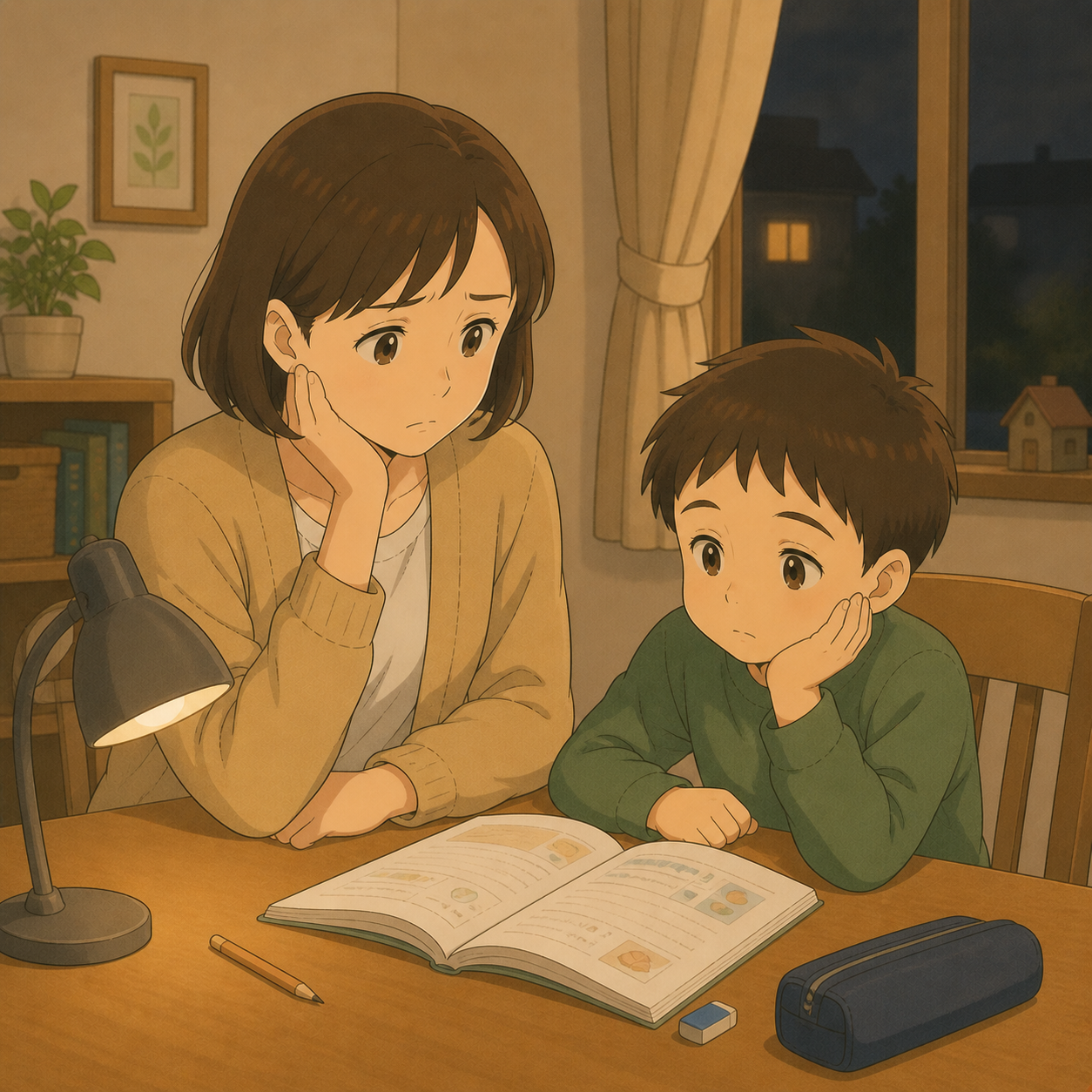 勉強机に向かうも上の空の子どもと困惑する母
