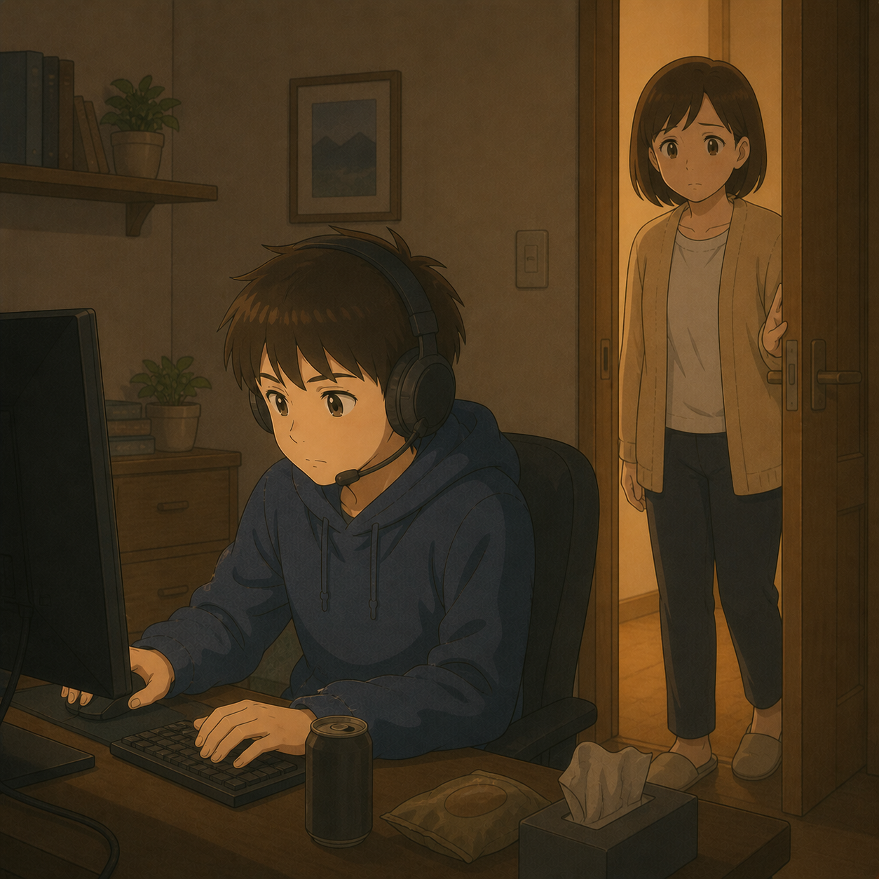 夜遅くゲームをする長男と心配そうな母