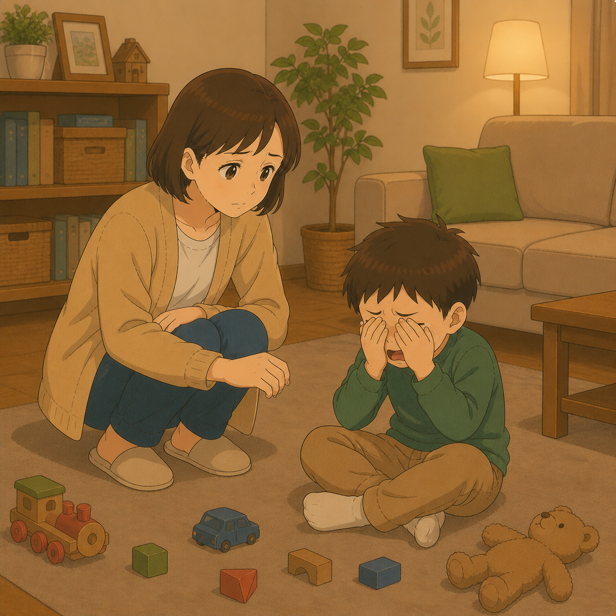 ゲームを取り上げられて泣き崩れる次男と困惑する母