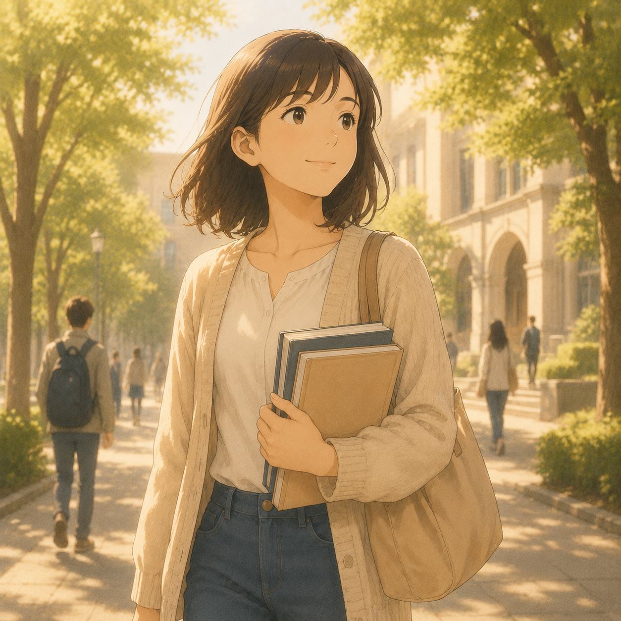 大学のキャンパスを歩く若者のイラスト