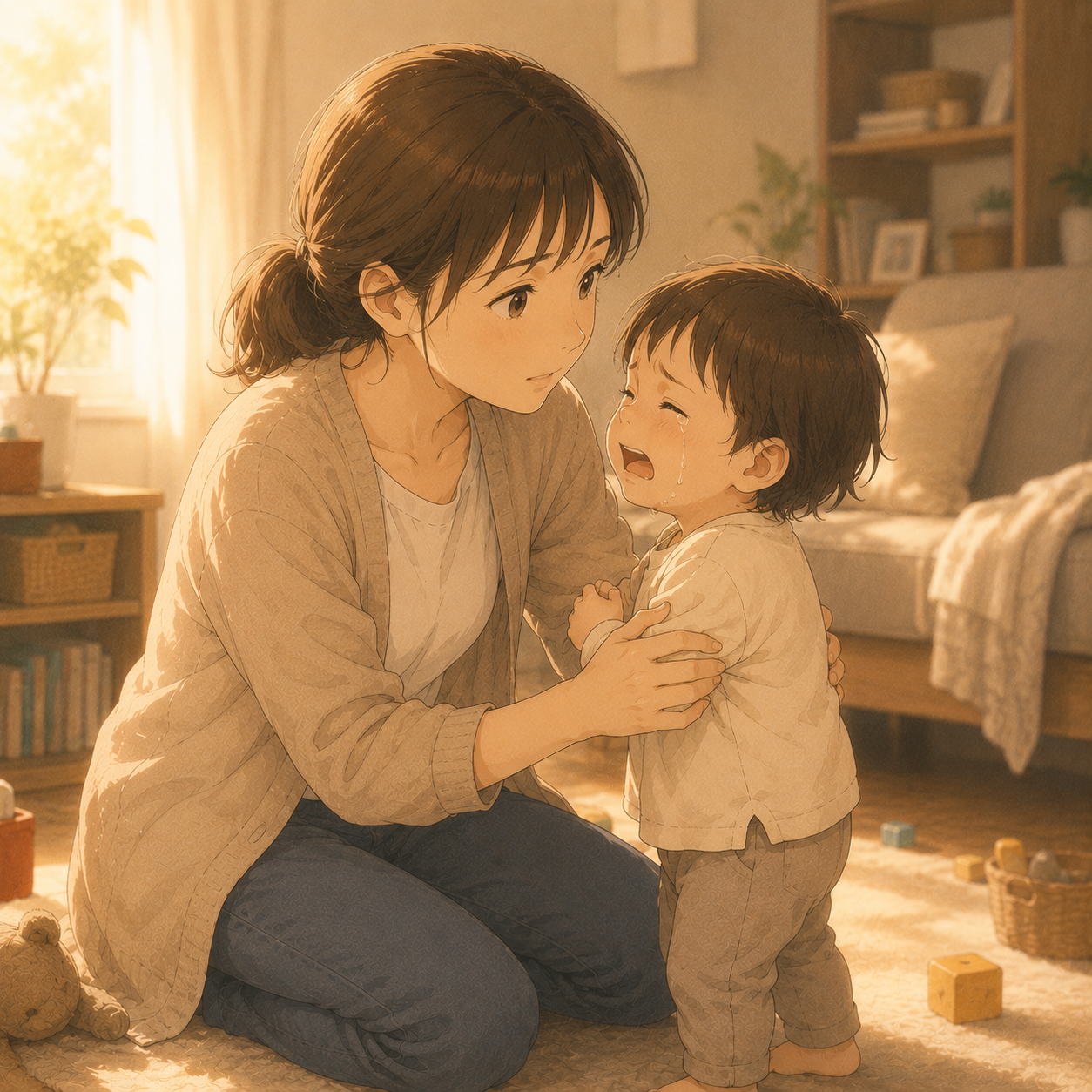 幼い頃、泣く子に寄り添うお母さんのイラスト