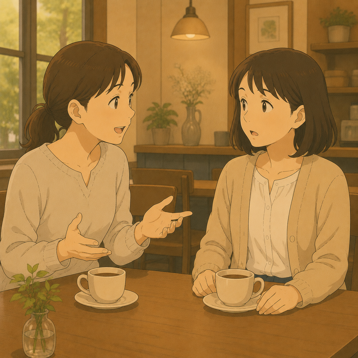 カフェで向かい合う2人のママ友