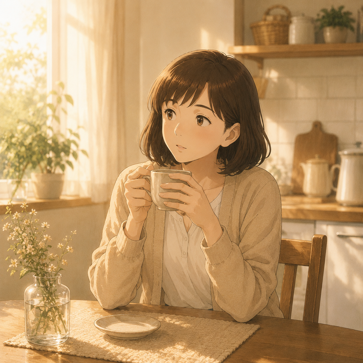 キッチンでお茶を飲みながら考えるお母さん