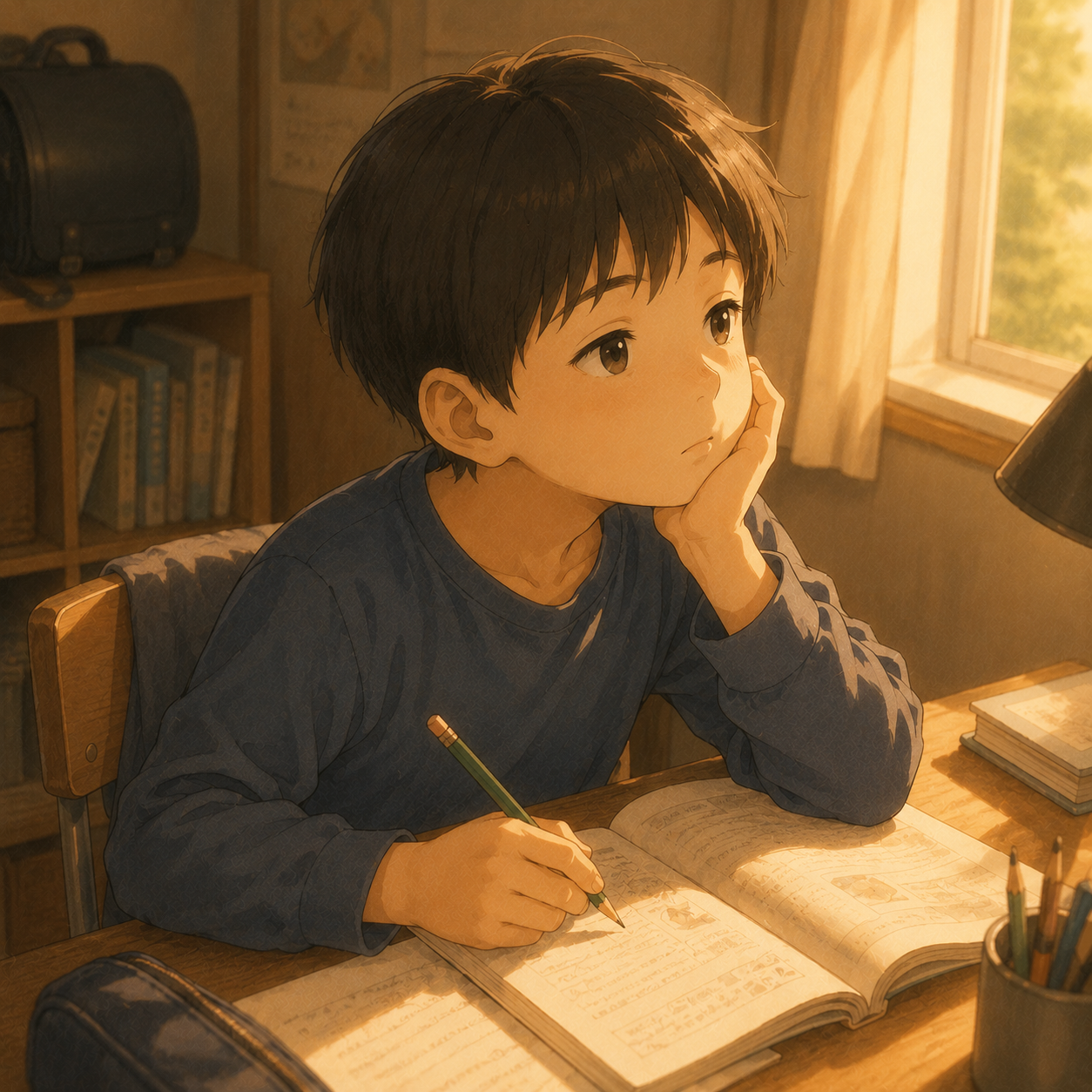 勉強机でぼんやりしている男の子