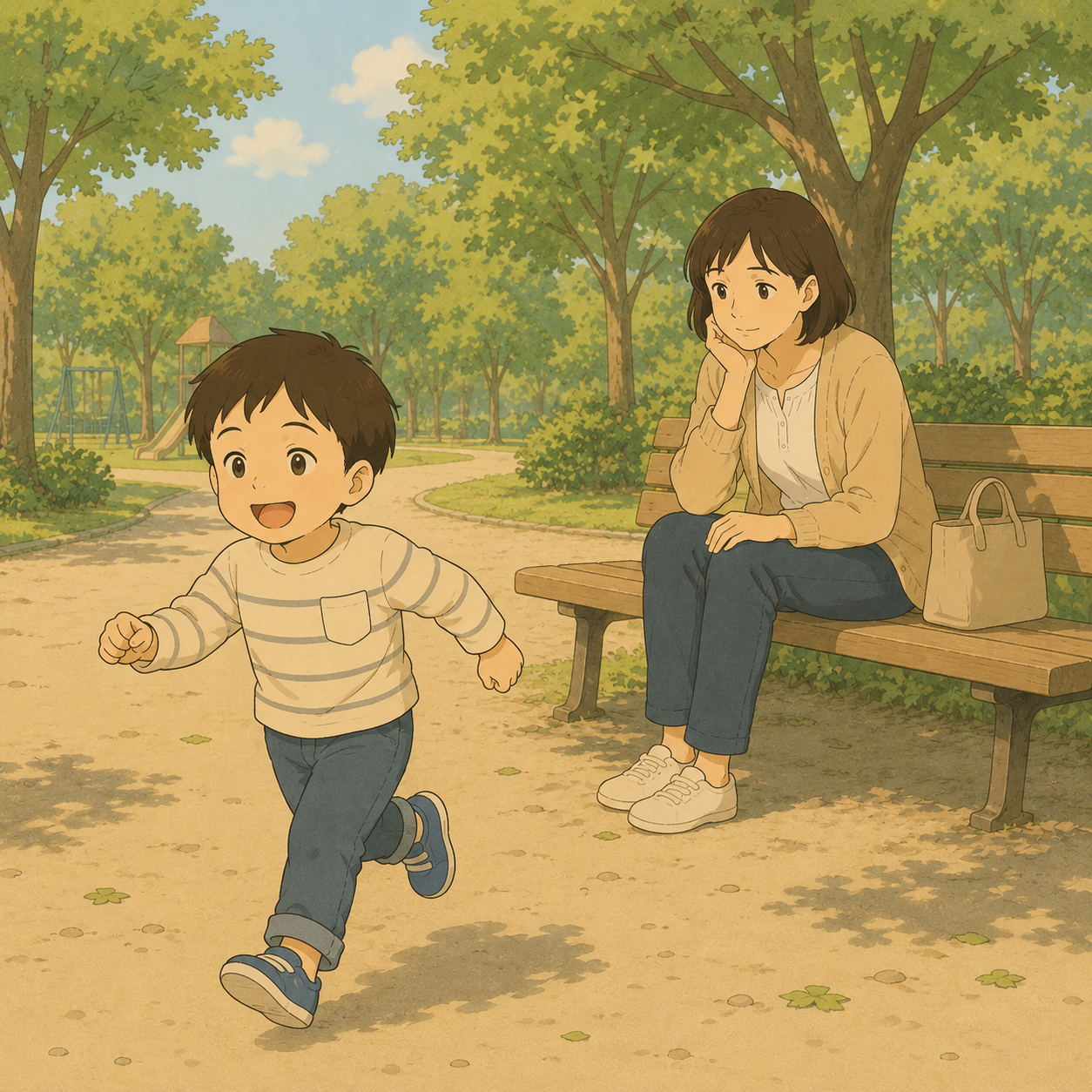 公園で走り回る幼児と見守る母