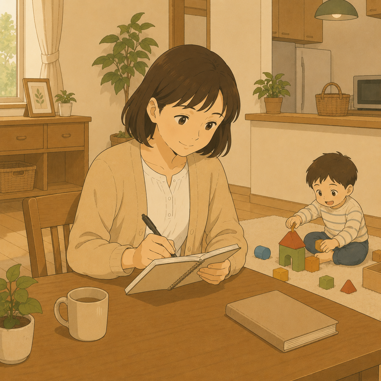 記録ノートを書く母と遊ぶ幼児