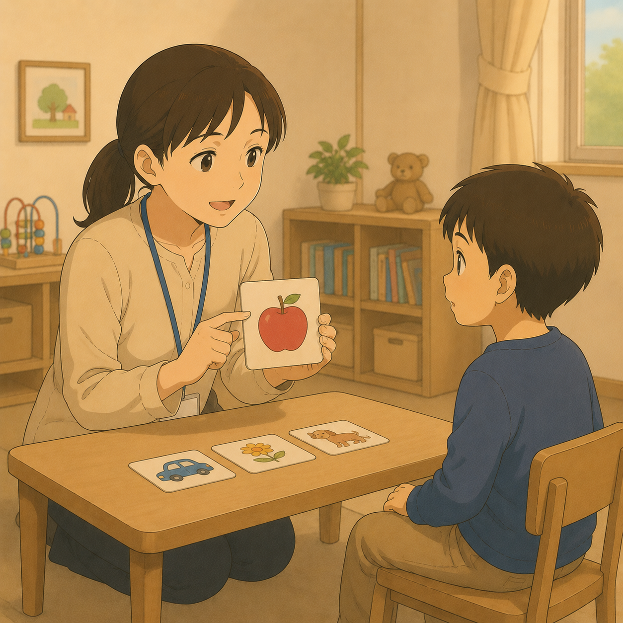 心理士と検査を受ける子どものイラスト