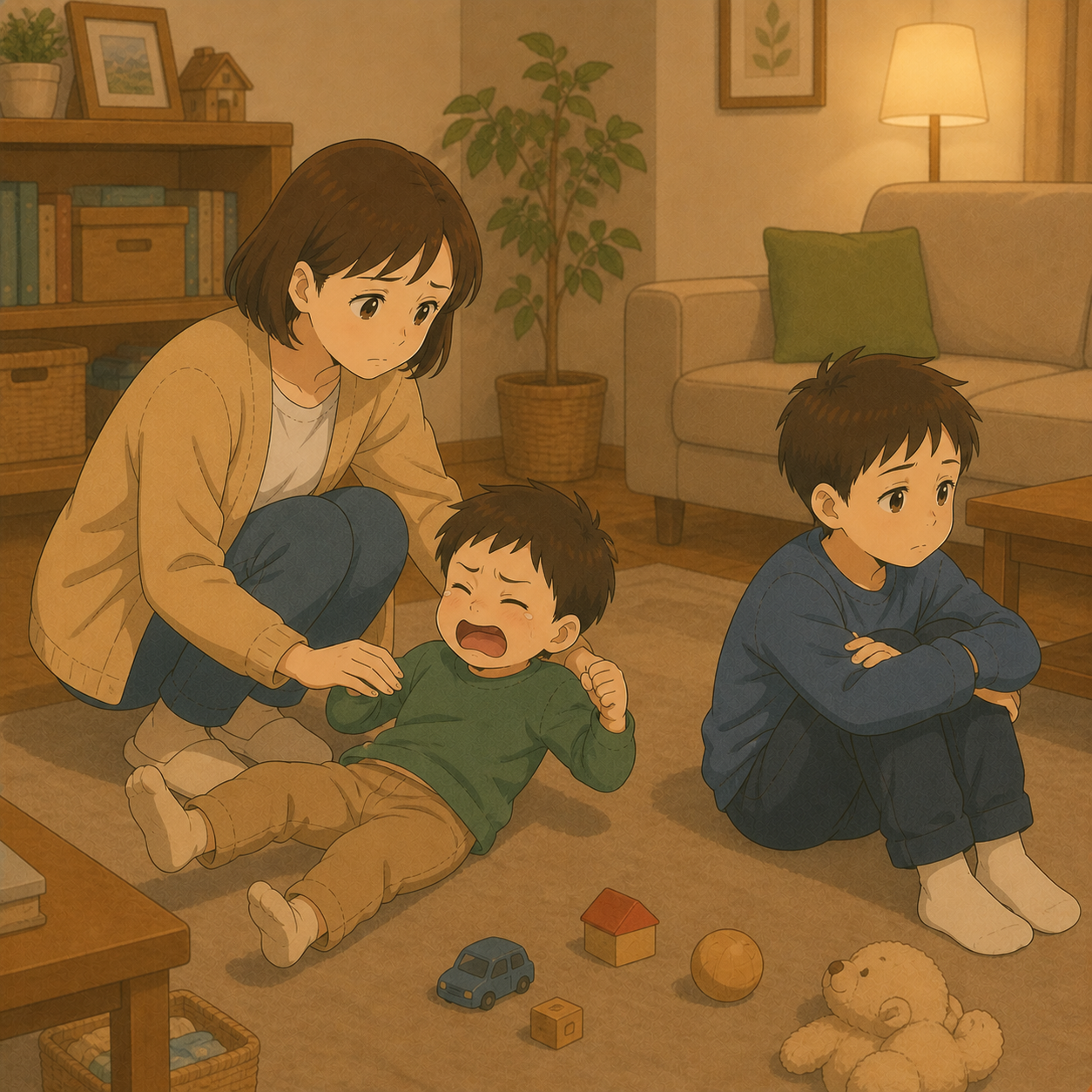 一人でぼーっとしている長男と次男の癇癪に向き合う母