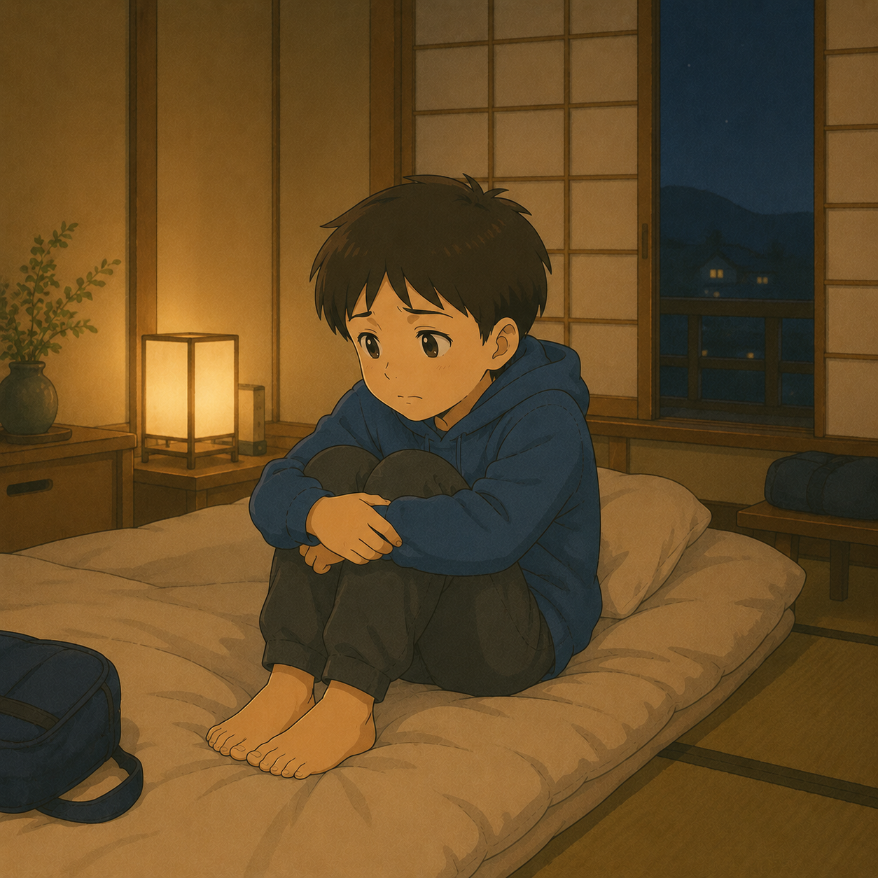 旅館の部屋で不安そうな男の子