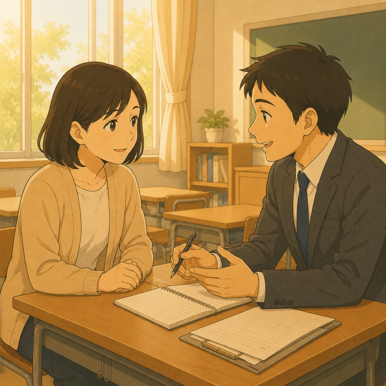 担任の先生と相談するお母さん