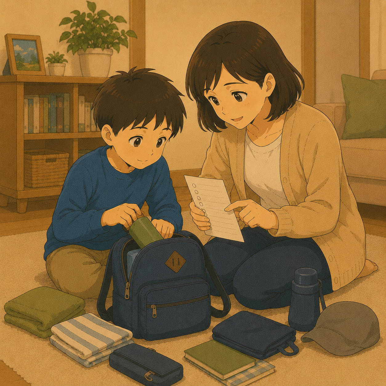 一緒に荷物を準備するお母さんと男の子