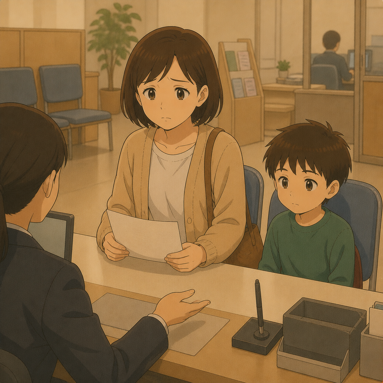 窓口で書類を手に困惑する母と長男