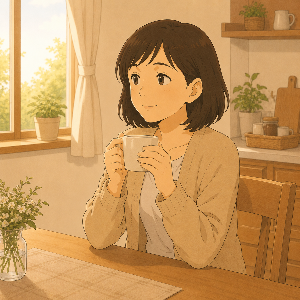 静かな朝にお茶を飲む今のゆうこ