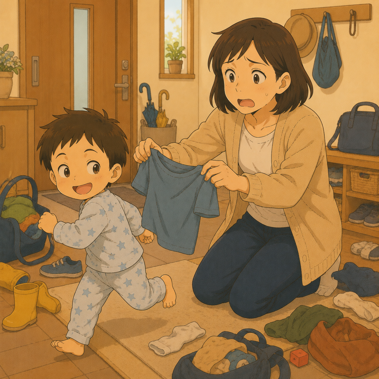 朝の着替えで困惑する母と次男