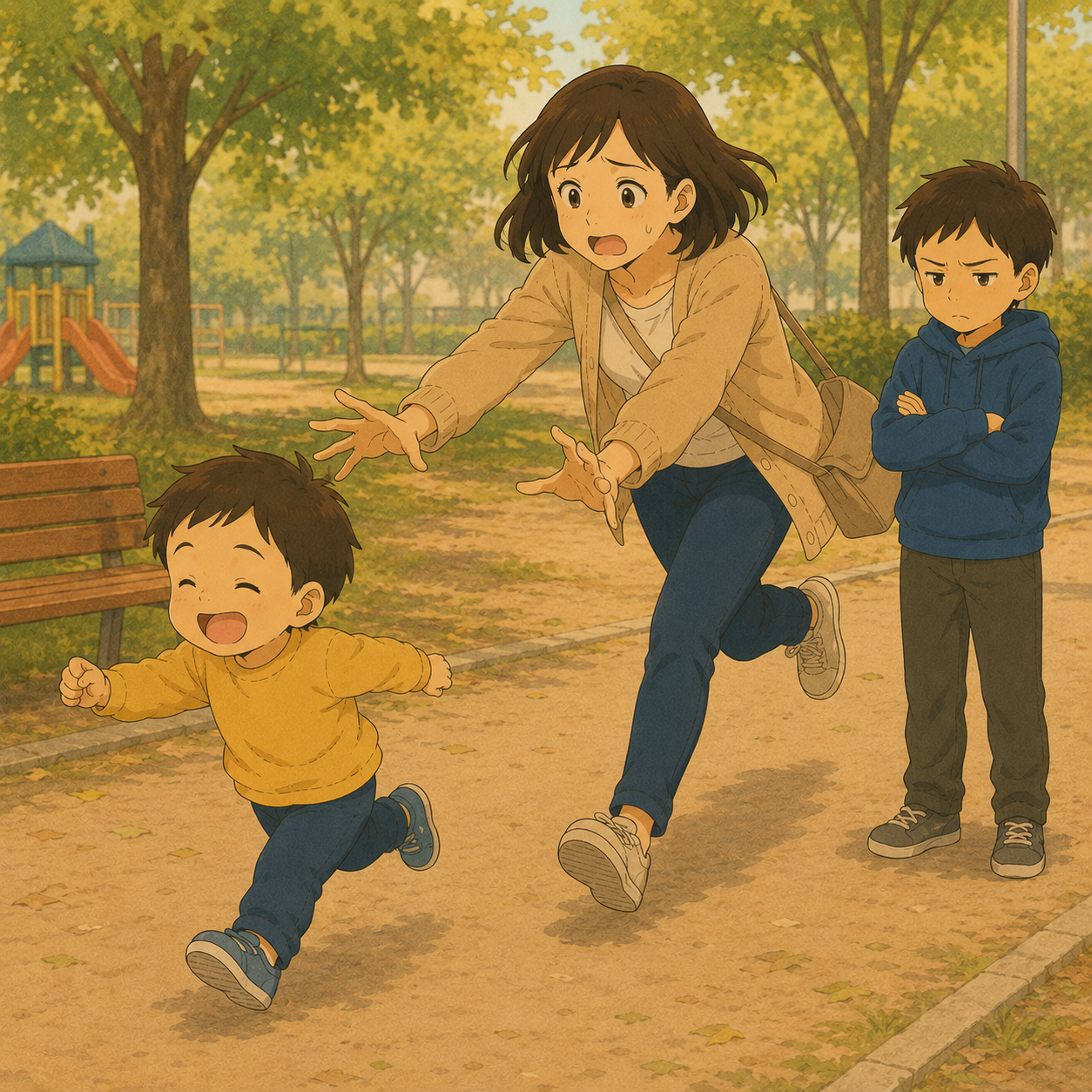 公園で走り出す次男を追いかける母