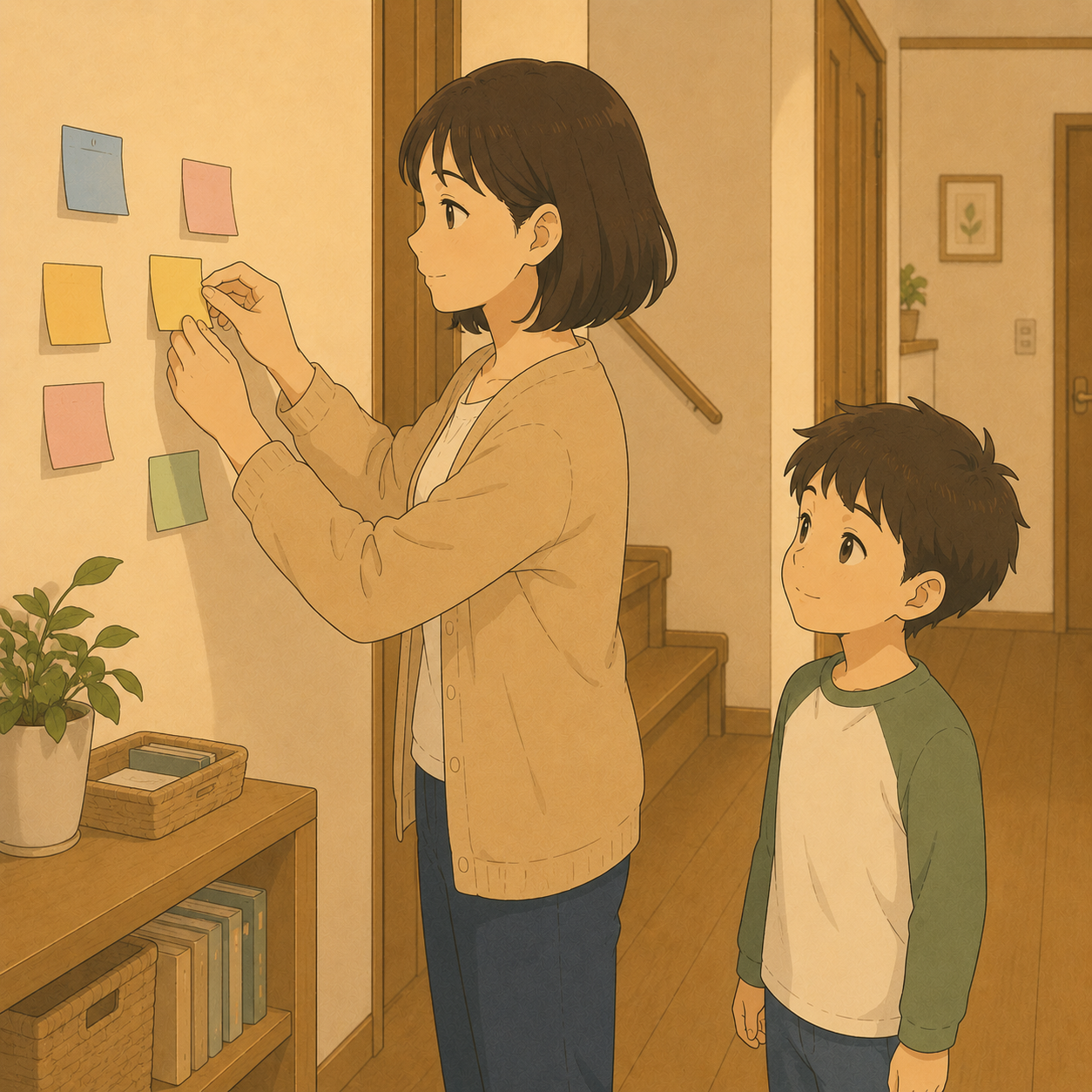 付箋でスケジュールを見える化するお母さん