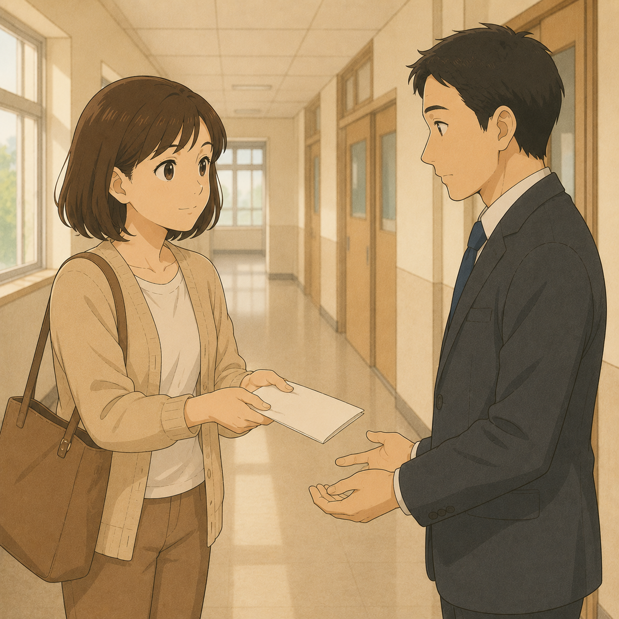 先生にメモを渡すお母さん