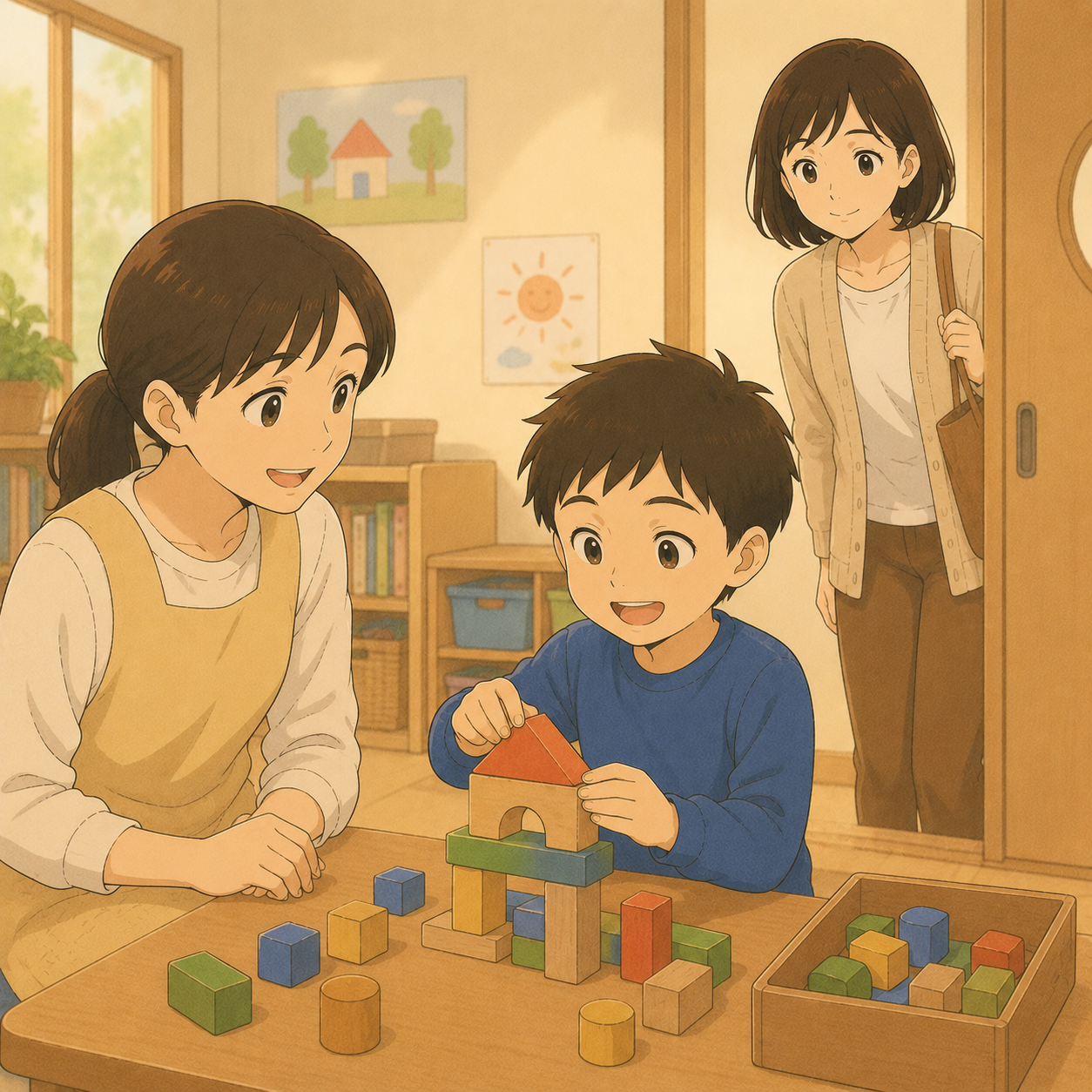 放課後等デイサービスで積み木を楽しむ息子と、それを見守るスタッフと母
