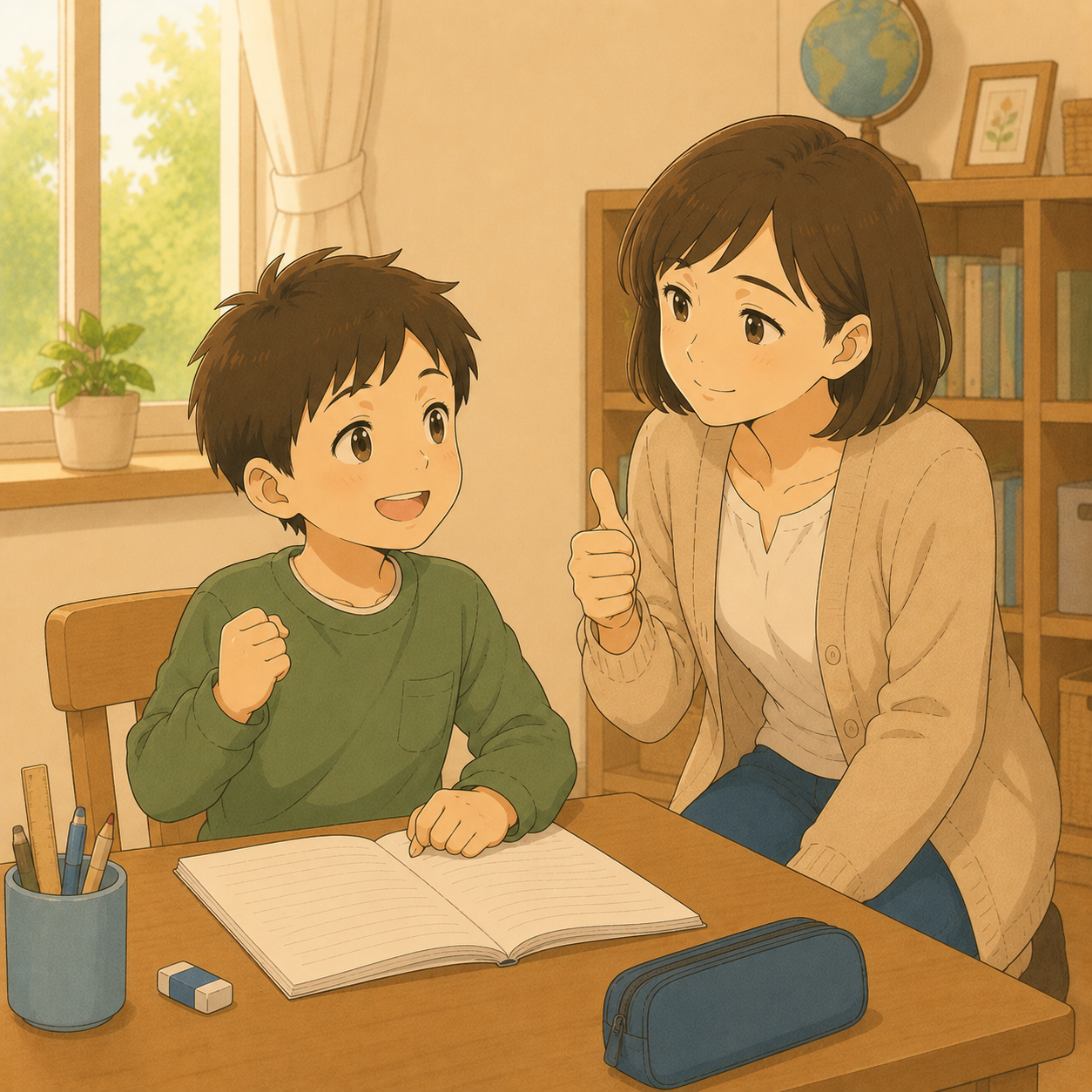 子どもの学習に付き添う母