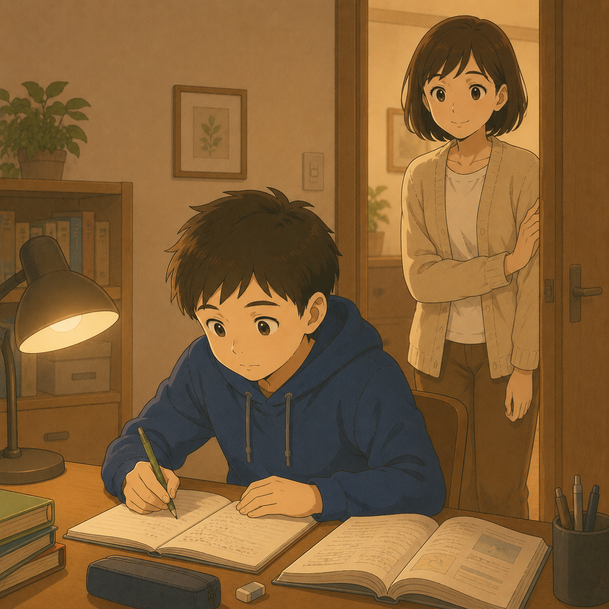 机に向かう次男を見守る母