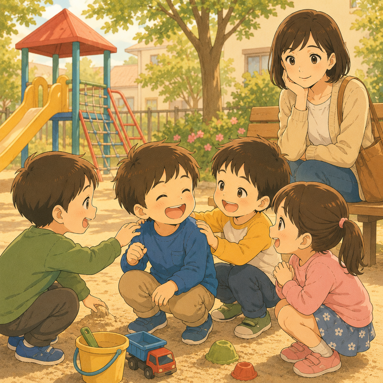 公園でみんなに囲まれる次男