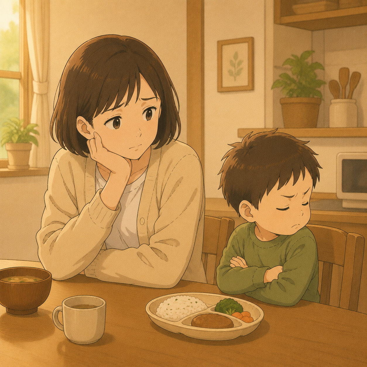 食卓で食べ物を前に固まる幼児期の次男と母