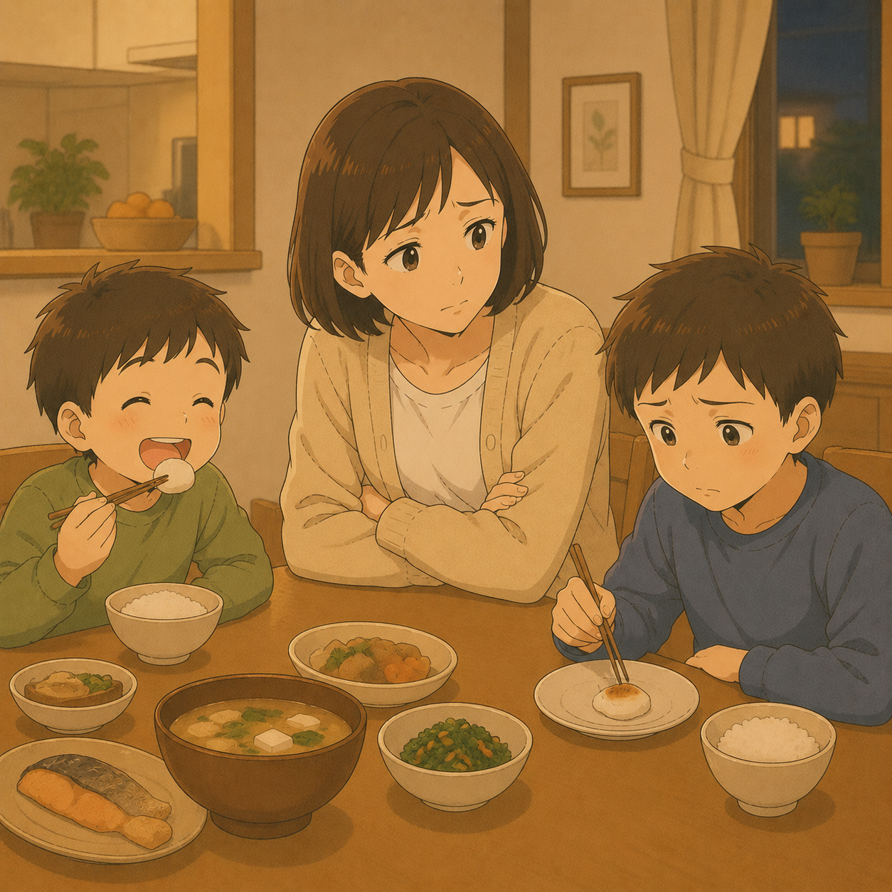 食卓で対照的な兄弟、長男は困惑し次男は笑顔で食べる
