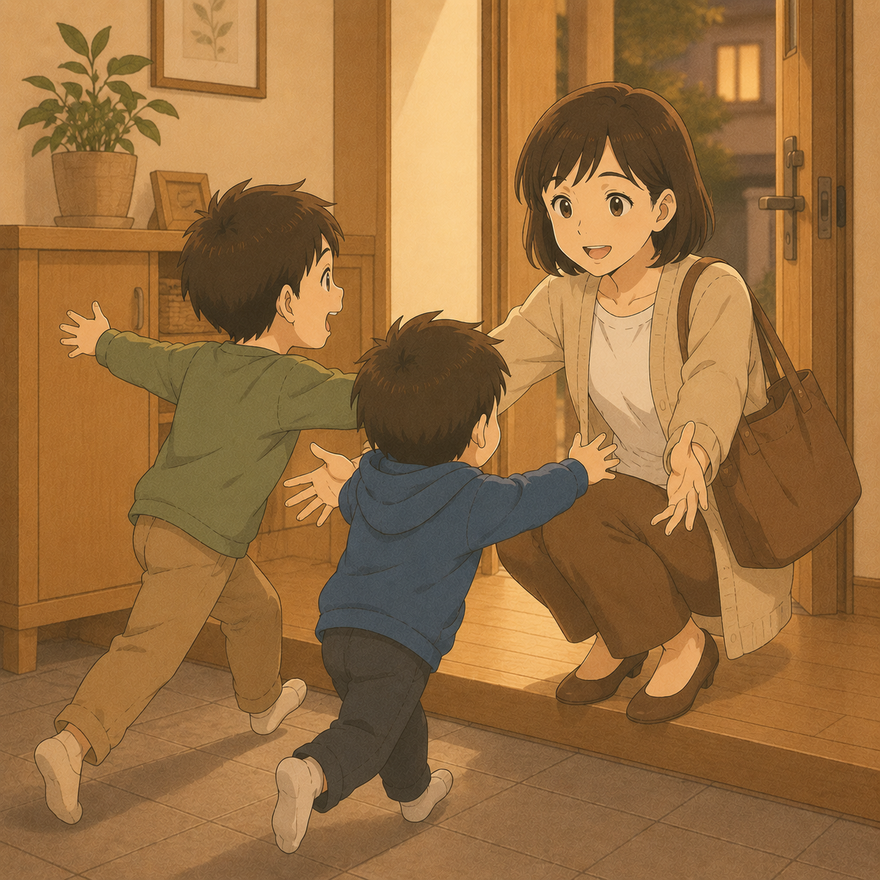 仕事から帰った母を玄関で出迎える兄弟
