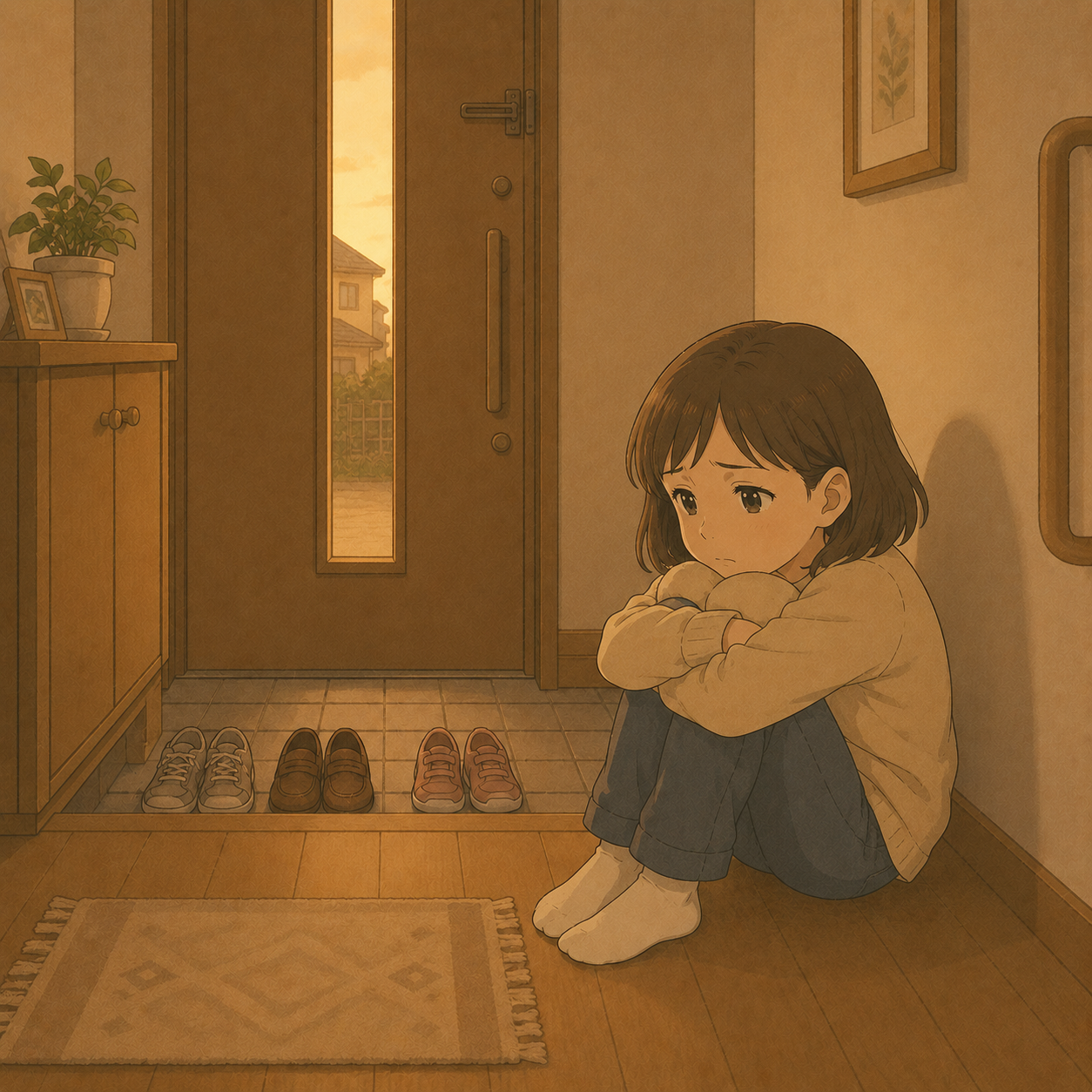 雨の日に姉の帰りを心配して待つ子ども時代のゆうこ