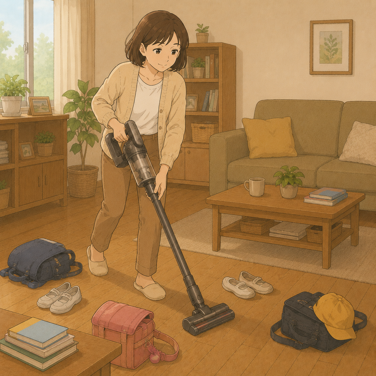 スティック掃除機で掃除するお母さん