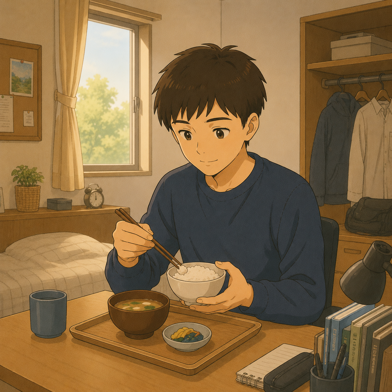 入寮後、自分で朝食を食べる長男
