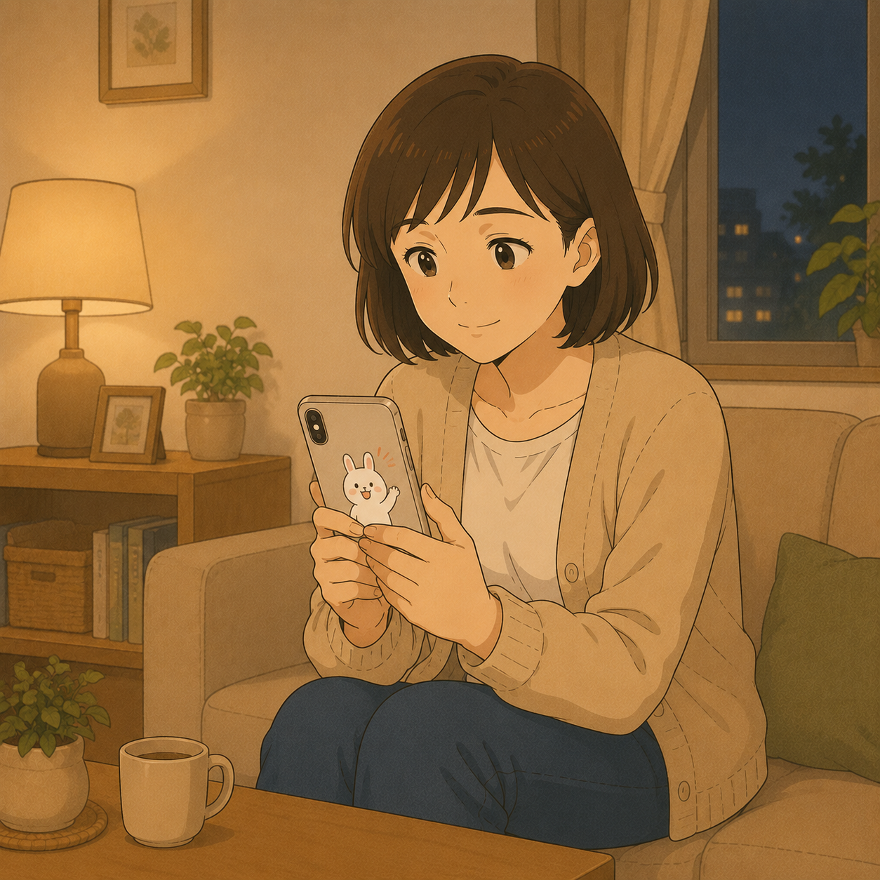 LINEを見ながら待つお母さん
