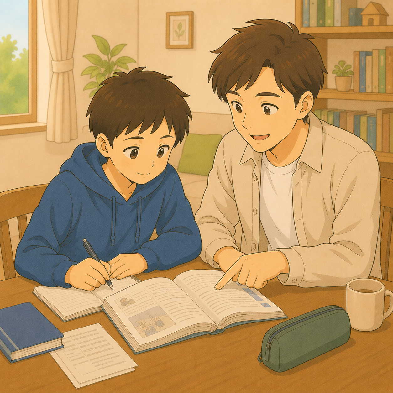 家庭教師と英語を学ぶ中学生のイラスト