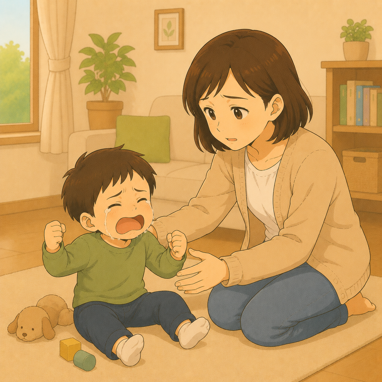 幼児の癇癪を見守る母親のイラスト
