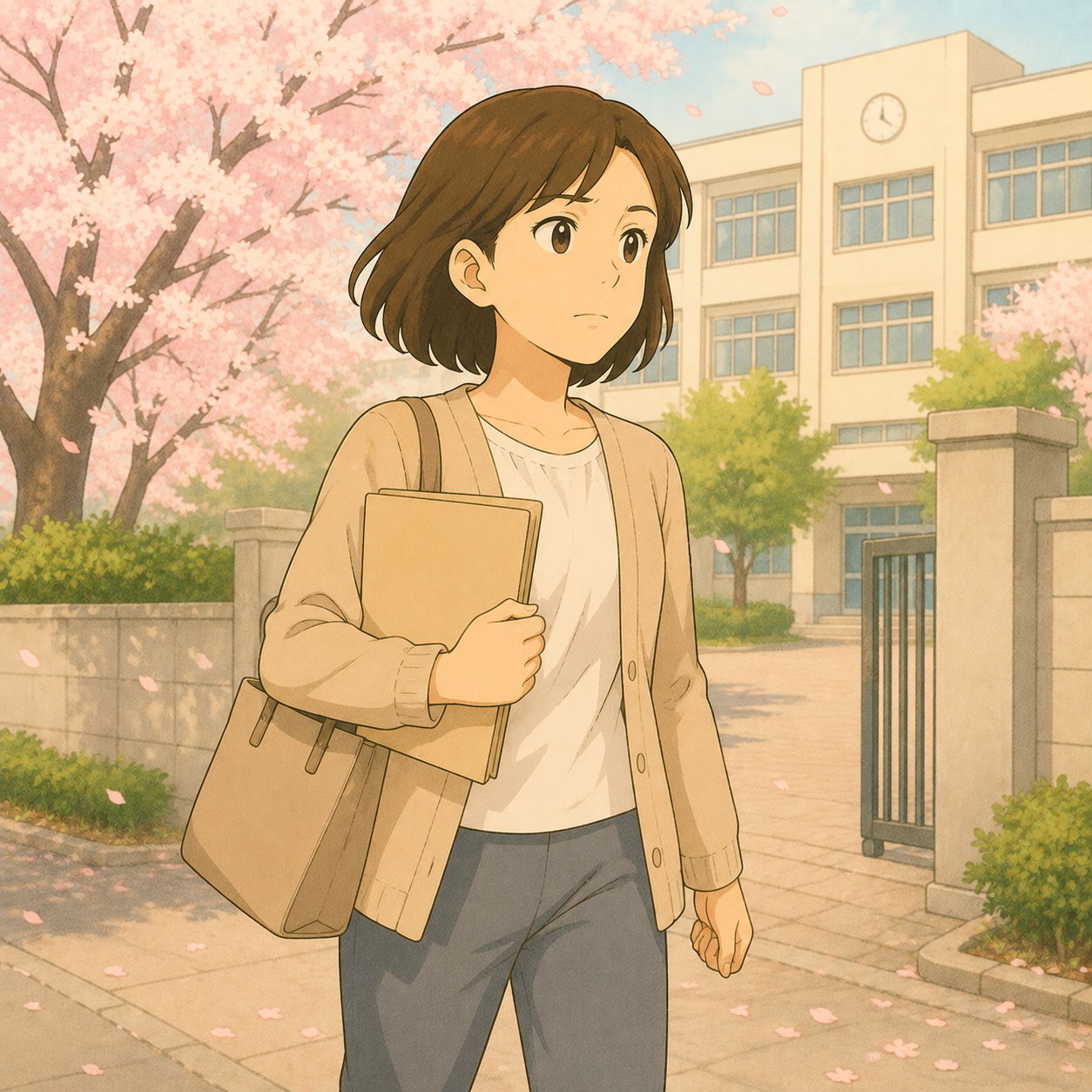 春に学校へ向かう母親のイラスト
