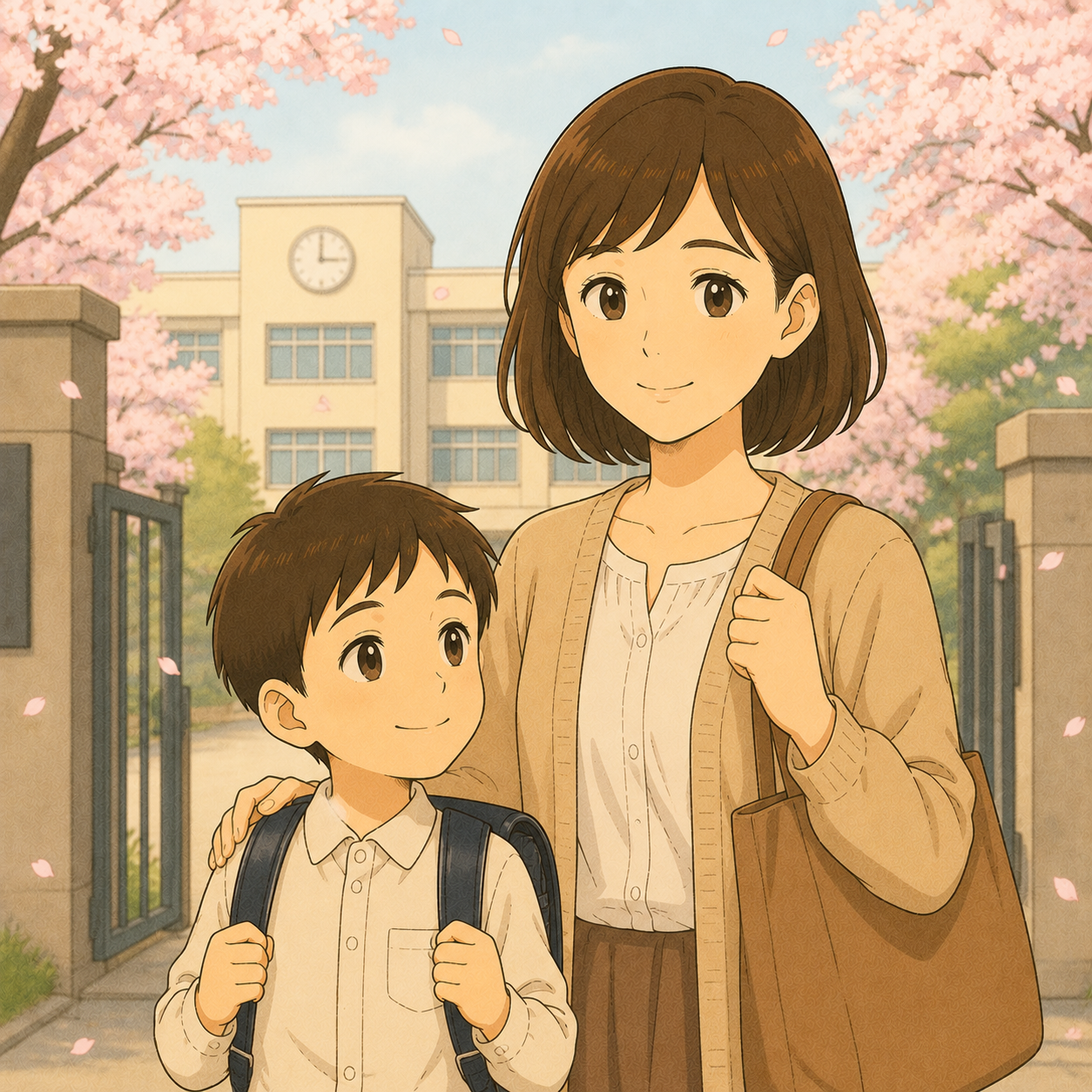 桜の咲く校門で入学する子どもに付き添う母親のイラスト