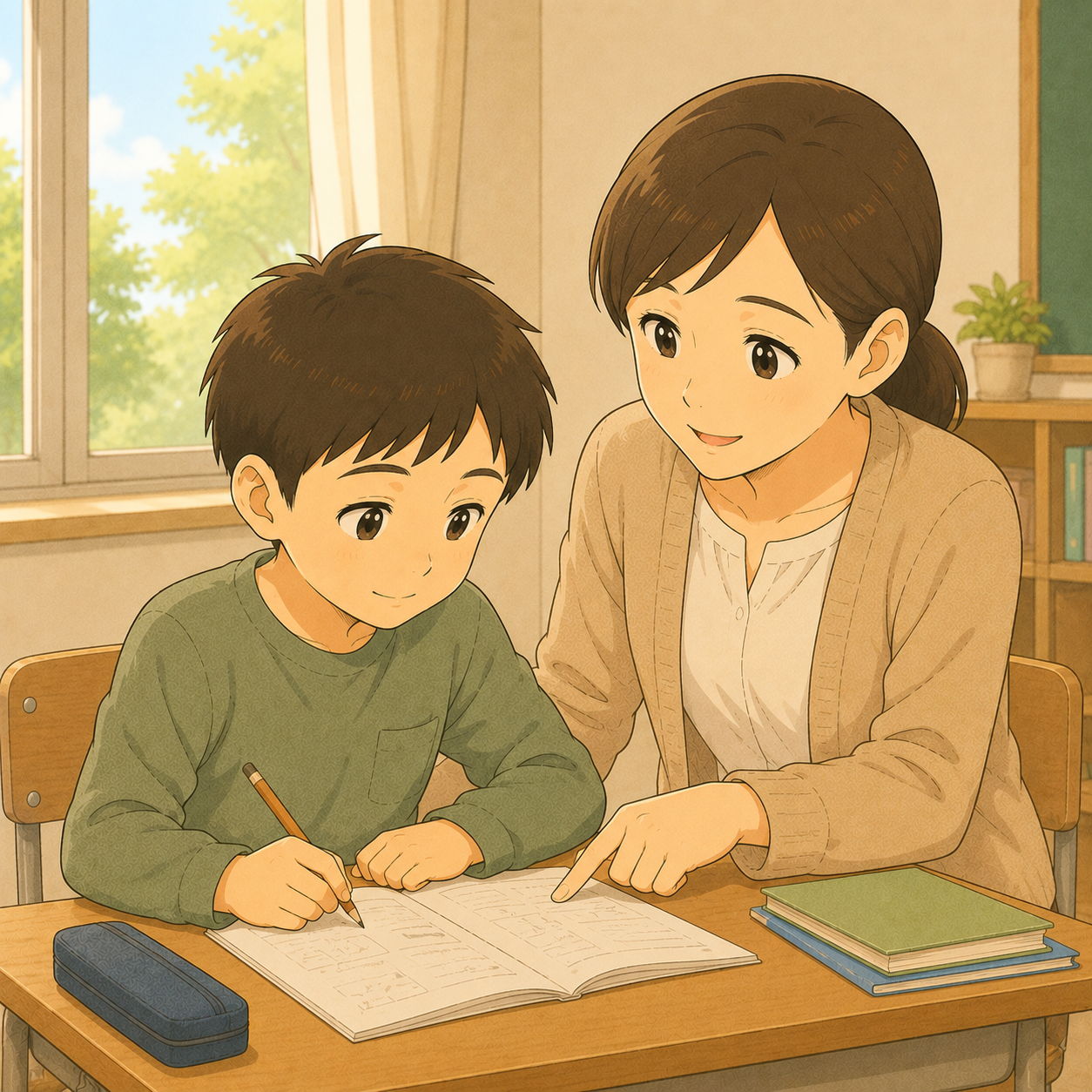 支援級で先生にやさしく勉強を教わる男の子のイラスト