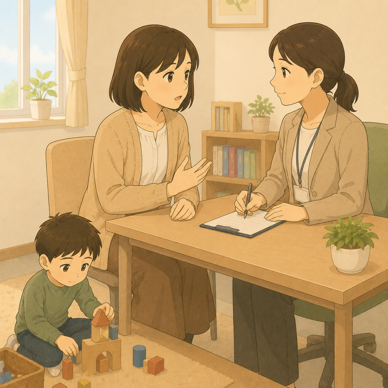 就学相談で相談員と話す母親と積み木で遊ぶ男の子のイラスト