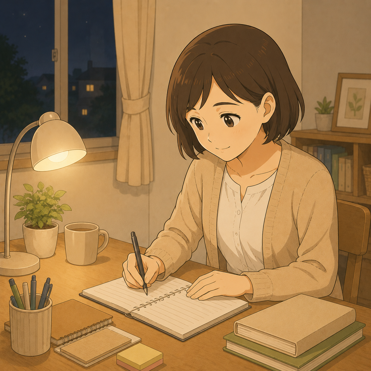 夜に学校への対応を書いて準備する母親のイラスト