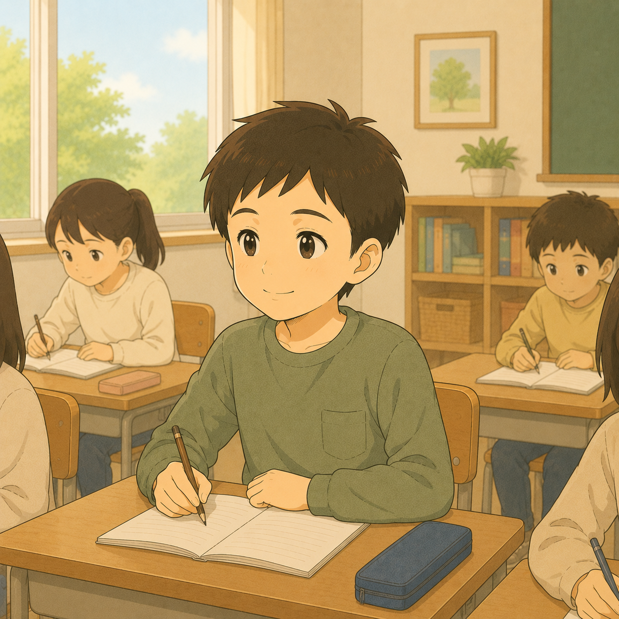 通常級の教室で落ち着いて学ぶ男の子のイラスト