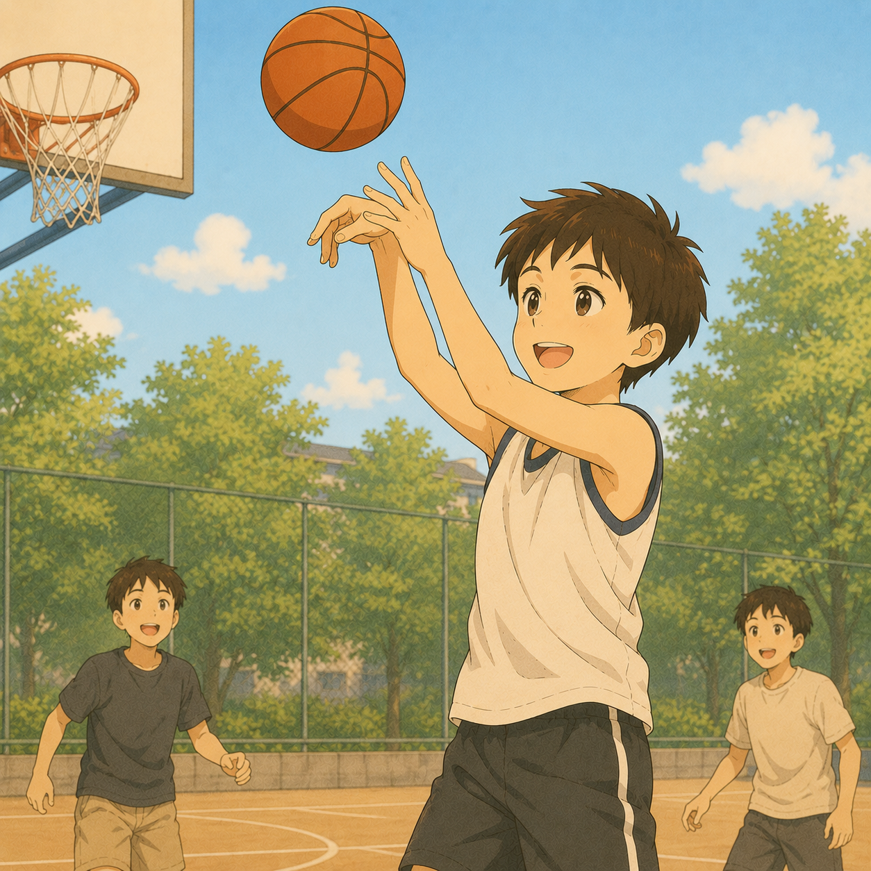 屋外のコートでバスケを楽しむ男の子のイラスト