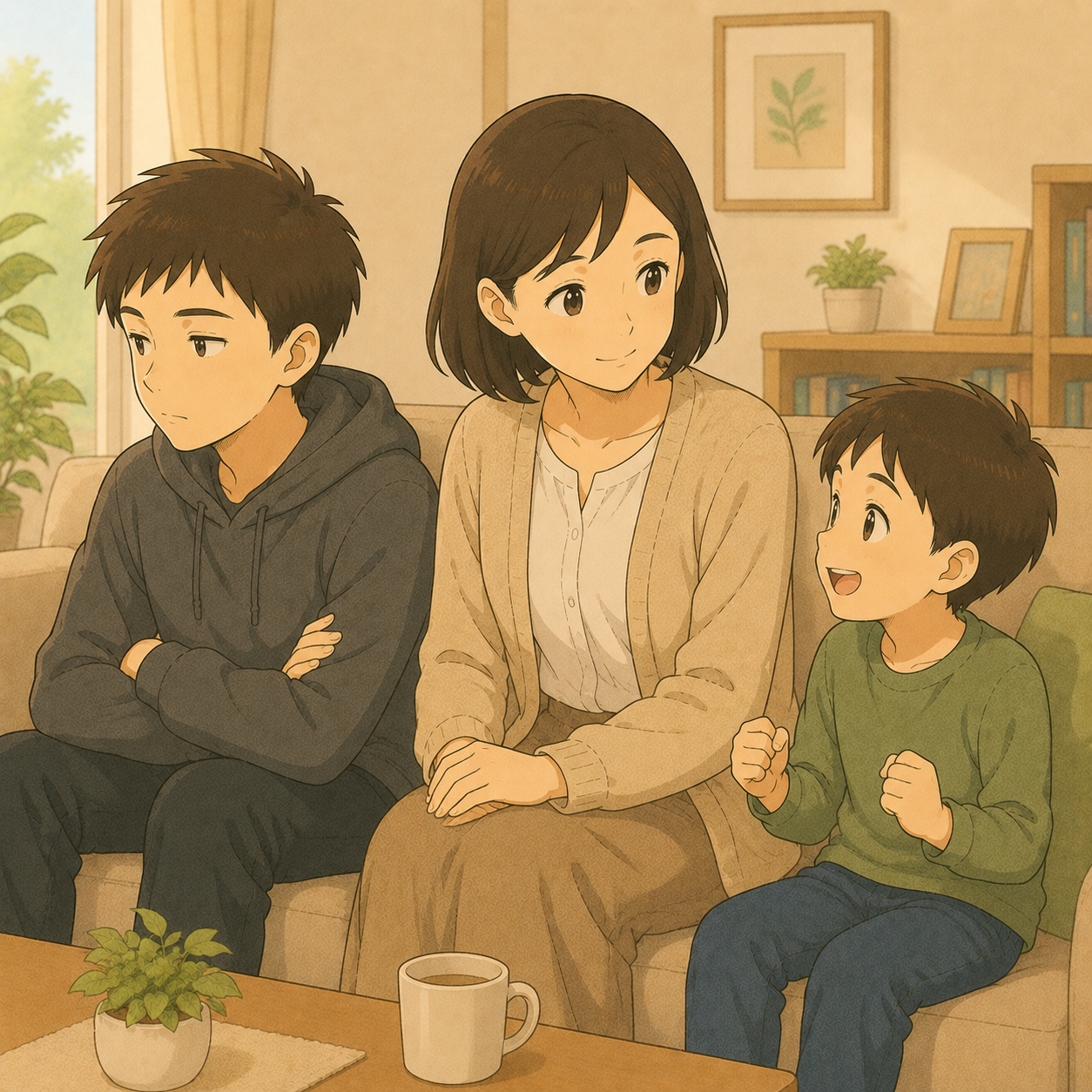ソファで2人の息子の間に座る母親のイラスト