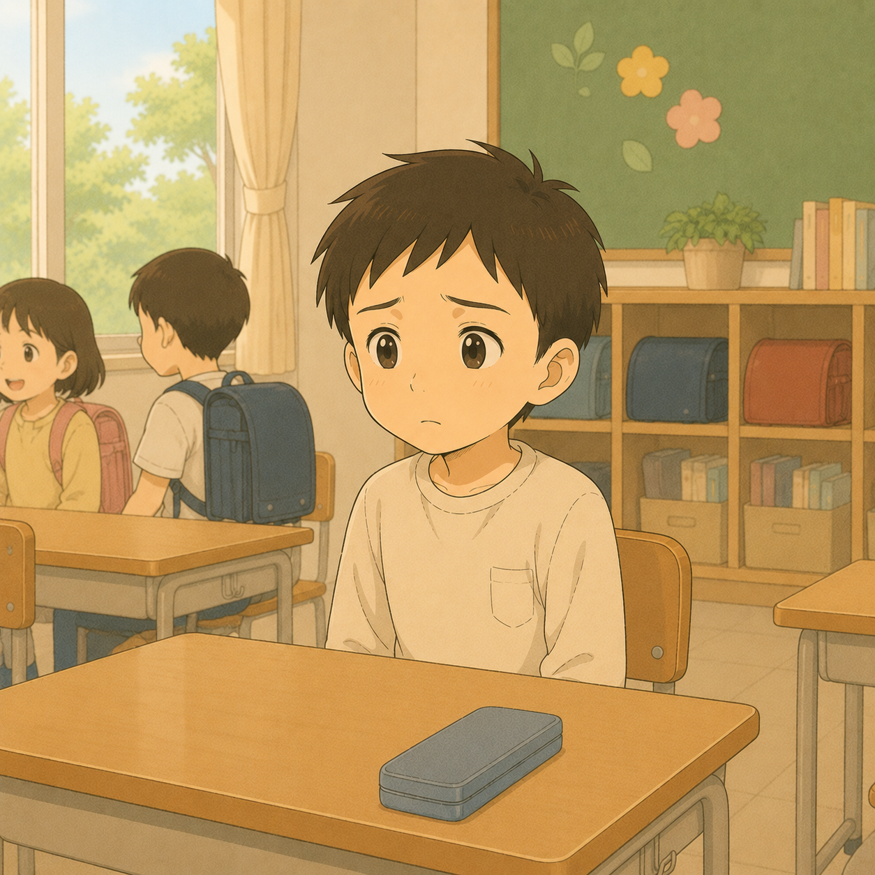 新しいクラスで少し戸惑う小学1年生の男の子のイラスト